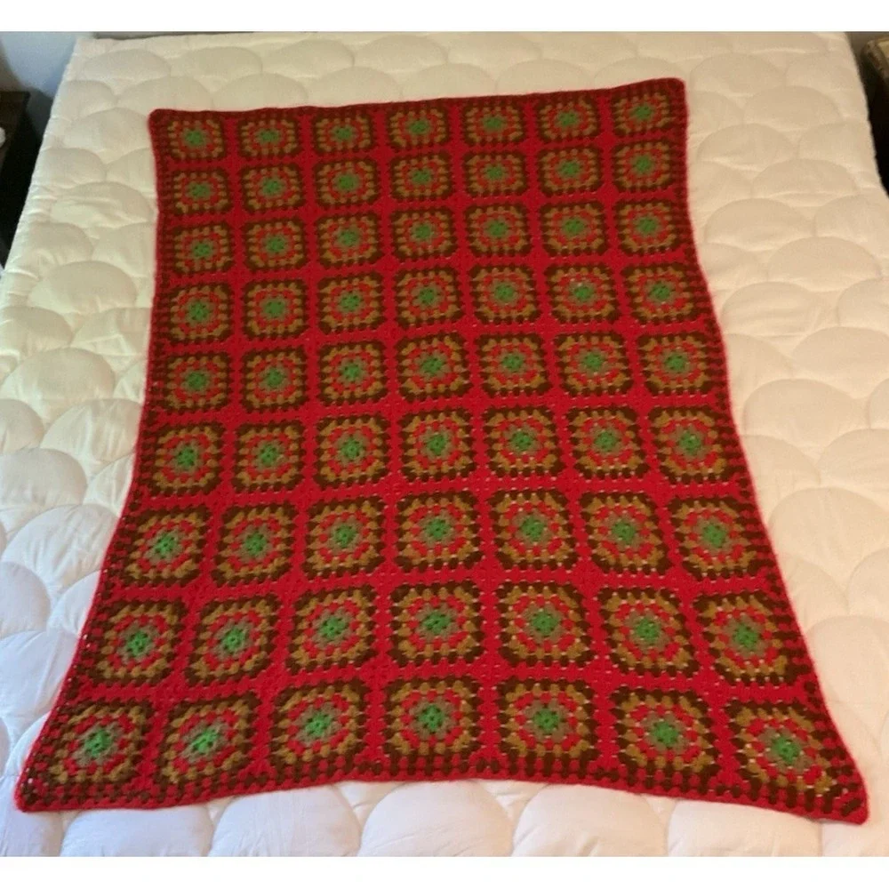 Handmade Crochet Granny Square Afghan Lap Throw Blanket 36x29 Vintage Boho Cabin